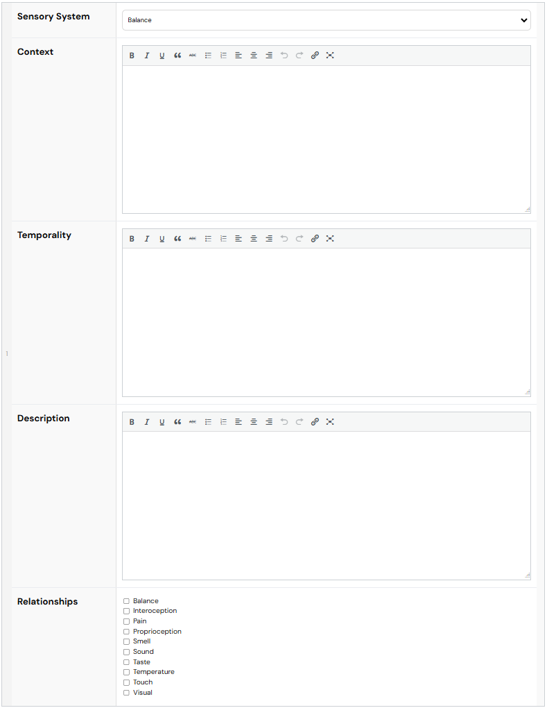 Screenshot of Evaluative information new entry table, with headings for 'Sensory system', 'Context', 'Temporality', 'Description', and a select box of other sensory systems called 'Relationships'