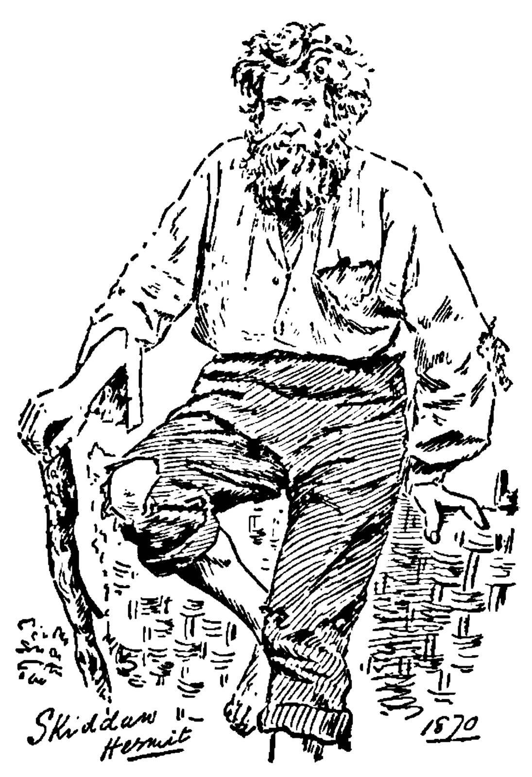 Black ink on white sketch image of a bearded and scruffy-haired man with a baggy white shirt, hatched trousers with a hole in the left-hand knee, and a thick walking stick in his hand on the left, climbing over a woven fence. The handwritten words 'Skiddaw Hermit' on the bottom left, and '1870' on the bottom right.