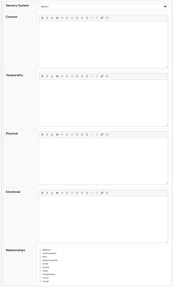 Screenshot of Evocative information new entry table, with headings for 'Sensory system', 'Context', 'Temporality', 'Physical', 'Emotional', and a select box of other sensory systems called 'Relationships'