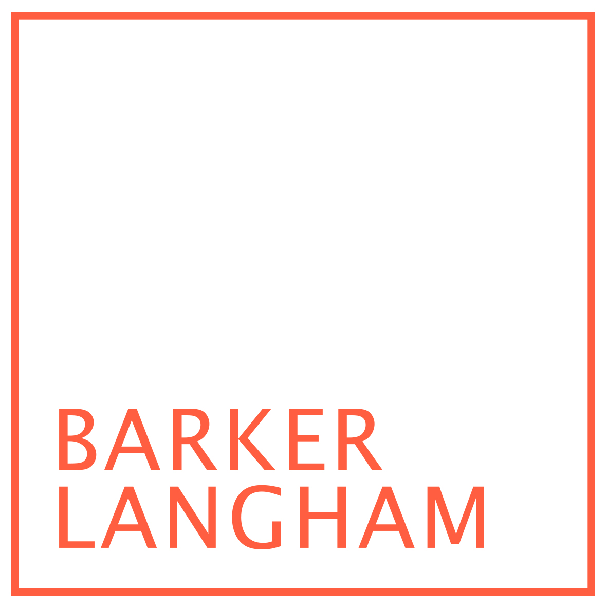 The Barker Langham Logo - the outline of an orange square with the name BARKER LANGHAM sitting in the bottom left hand corner.