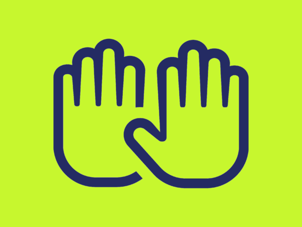Stylised outline of two hands overlapping in navy on a bright green background