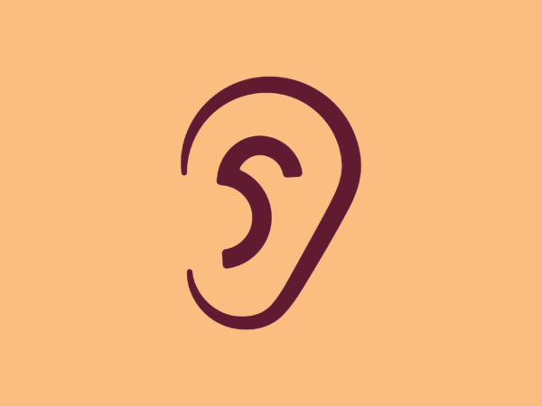 Stylized outline of an ear in burgundy on a peach background.