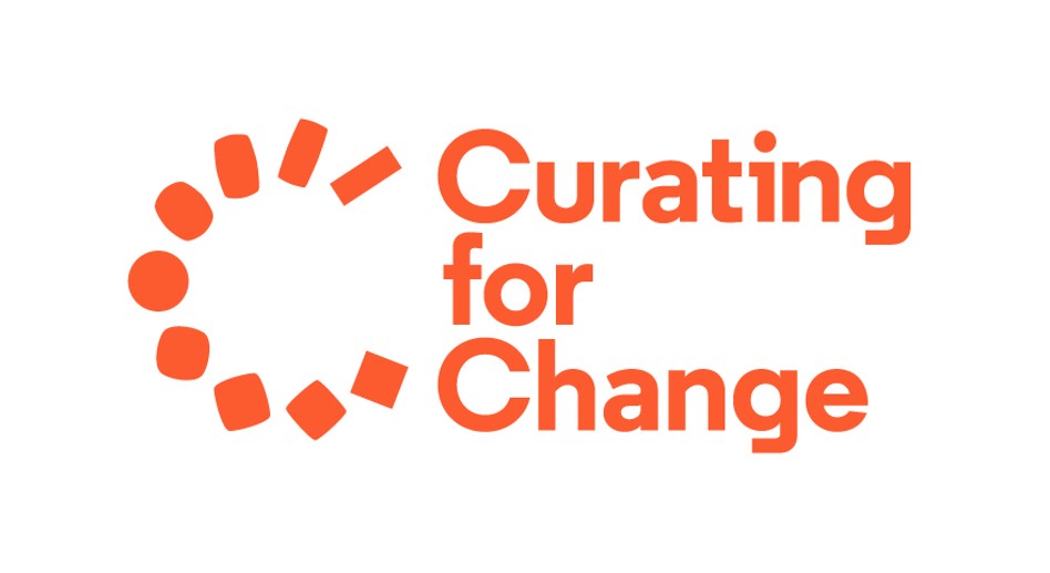 Curating for Change Logo - The text Curating for Change in chunky orange letters. An orange C made up of small shapes.
