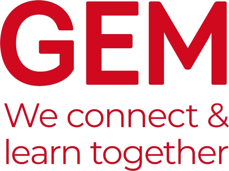 GEM Logo - Large red letters with rounded edges read GEM. Smaller red text below says We connect & learn together.