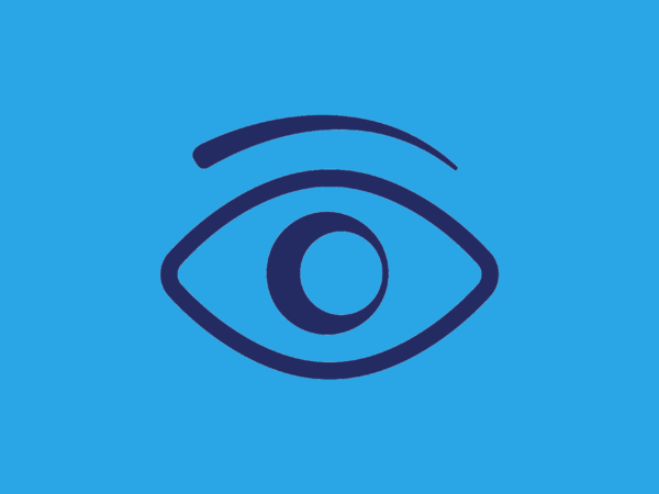 Outline of an eye and eyebrow in navy on a bright blue background