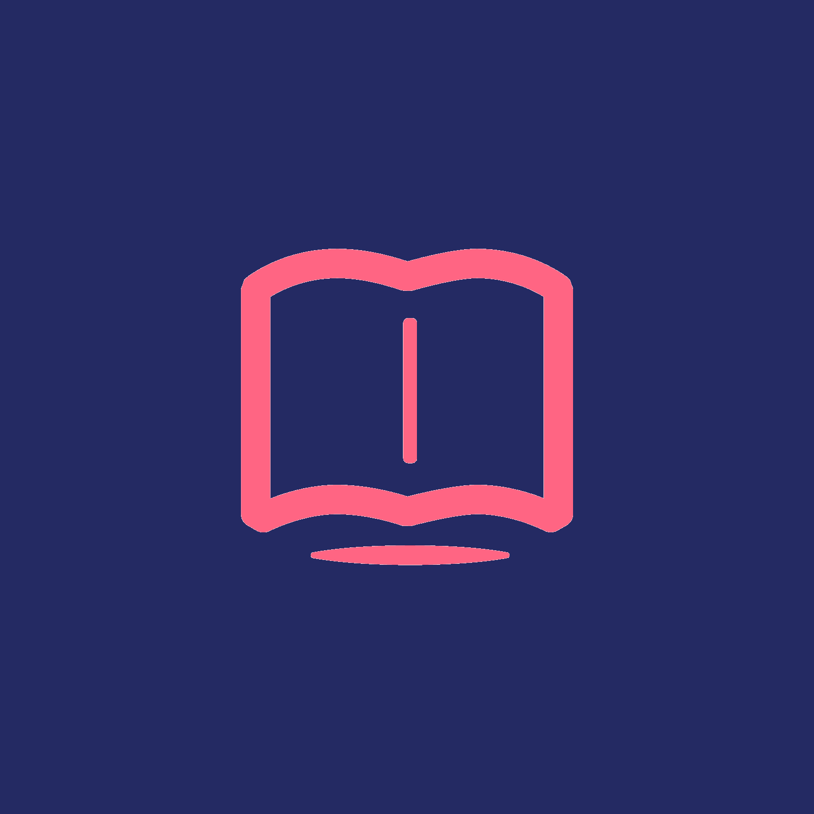 A stylised open book, pink lines on a navy background