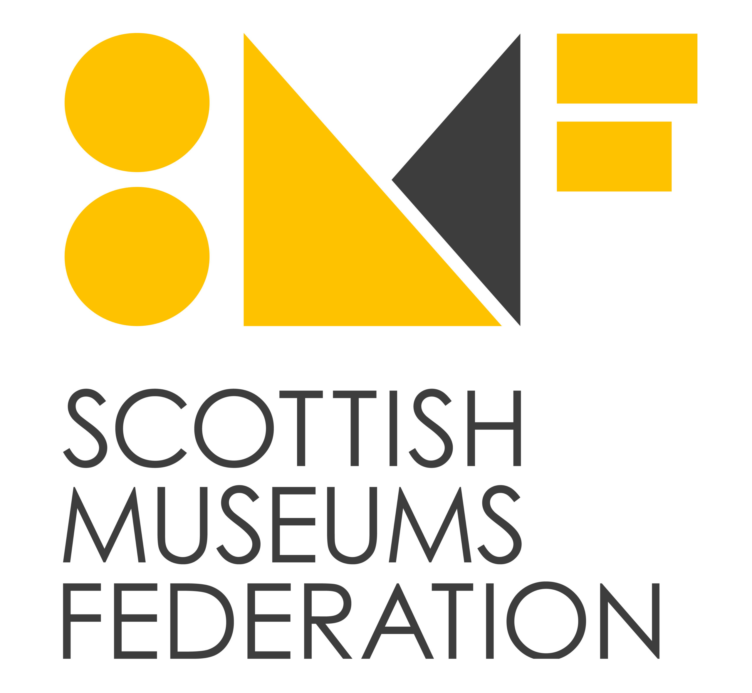 Scottish Museum Federation Logo SCOTTISH MUSEUMS FEDERATION in brown text. Yellow and brown shapes above.