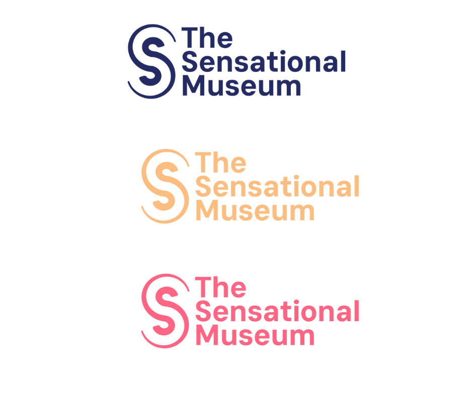 Navy, peach and pink versions of The Sensational Museum logo, with swooping S and text, The Sensational Museum