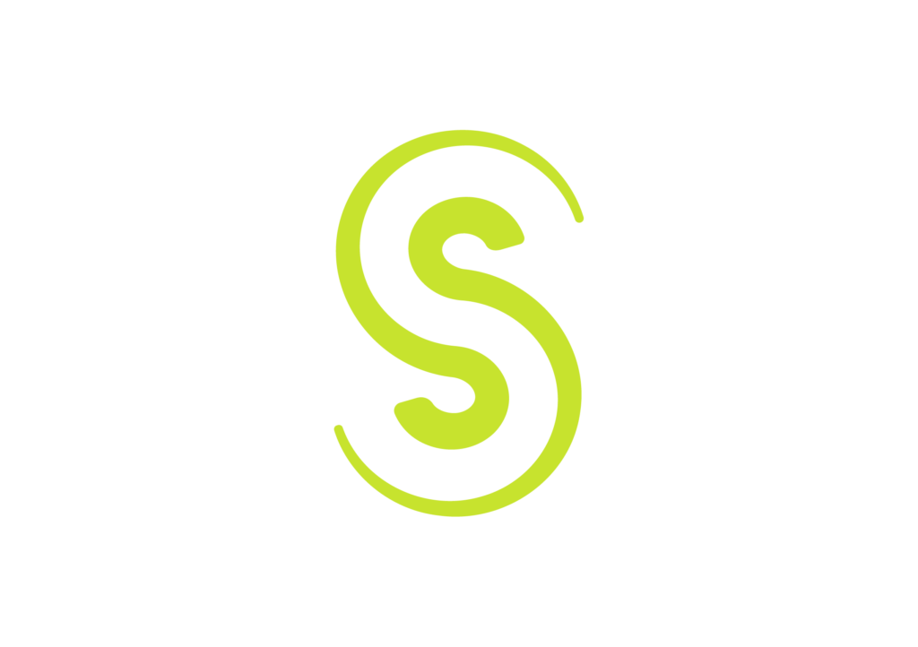 An S in lime green, made of two swooping lines
