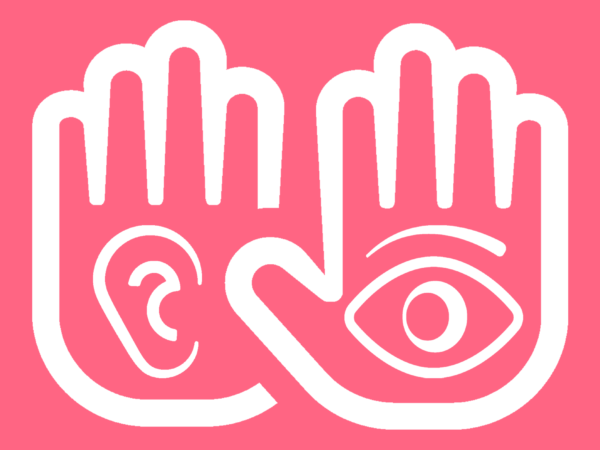 Stylized outline of an ear and an eye, on the palms of stylised hands, all in white, on a pink background