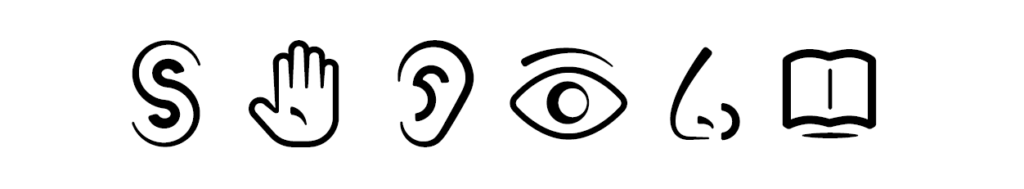 A series of simple drawn icons of an S, hand, ear, eye, nose, and book, in black